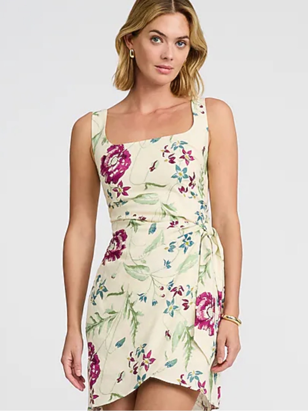 NWT Express Floral Linen-Blend Wrap Tie Smocked Back Mini Sheath Dress